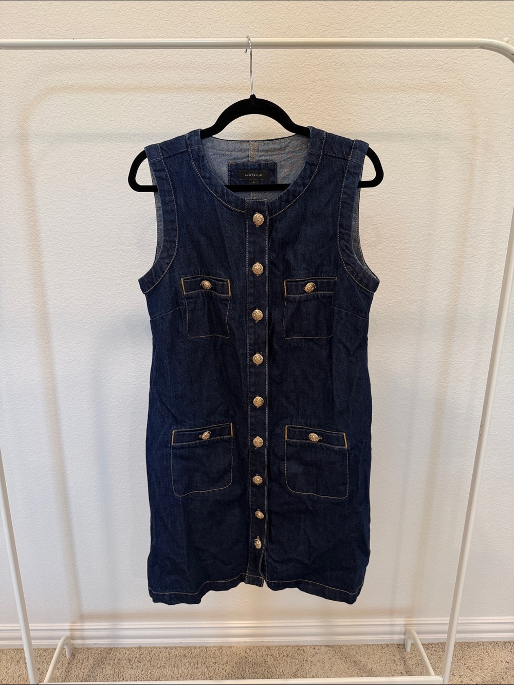 Ann Taylor Dark Blue Sleeveless Denim Button-Front Mini Dress